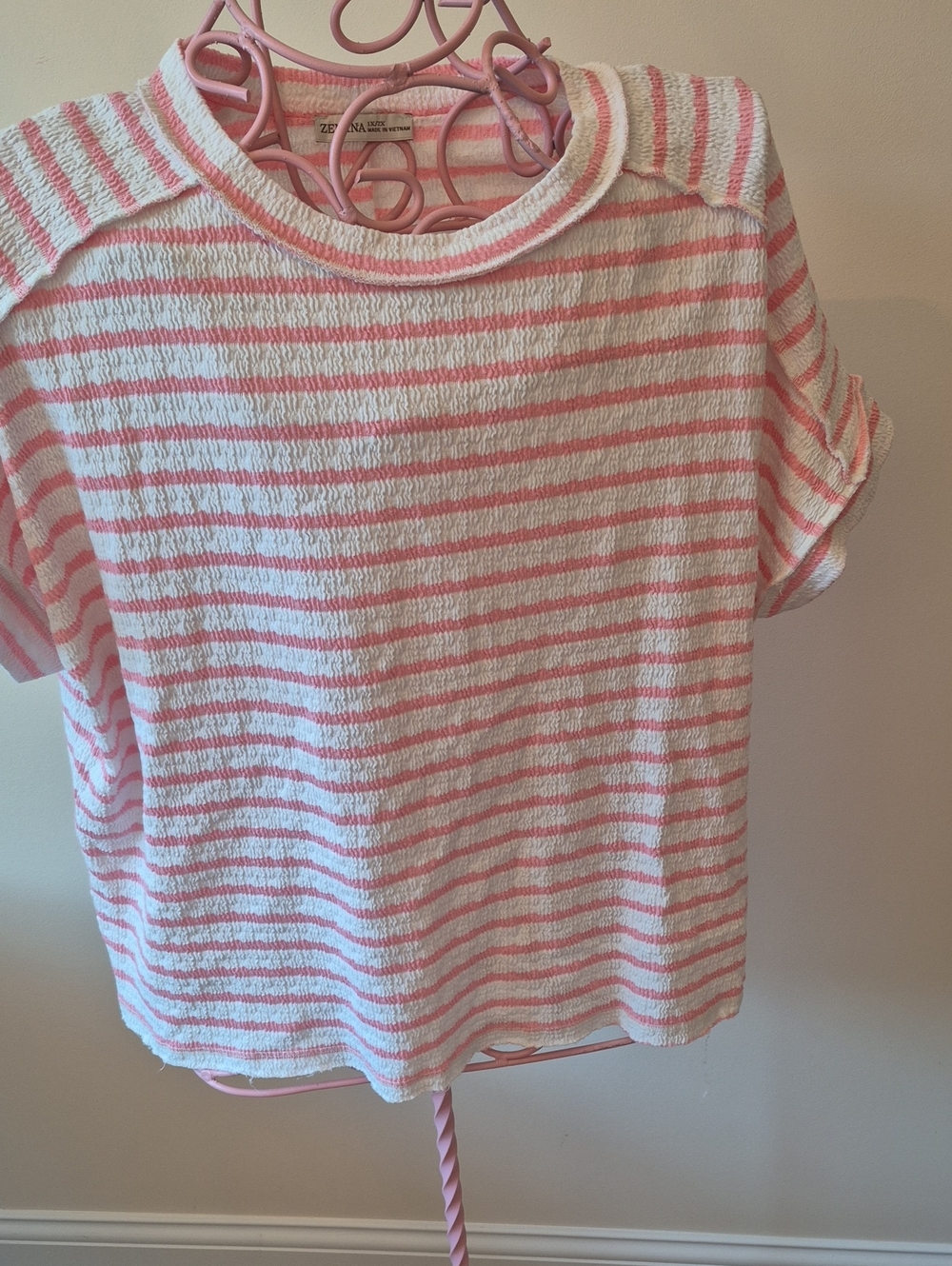 Zenana Outfitters Pink & White Striped Short Sleeve Top